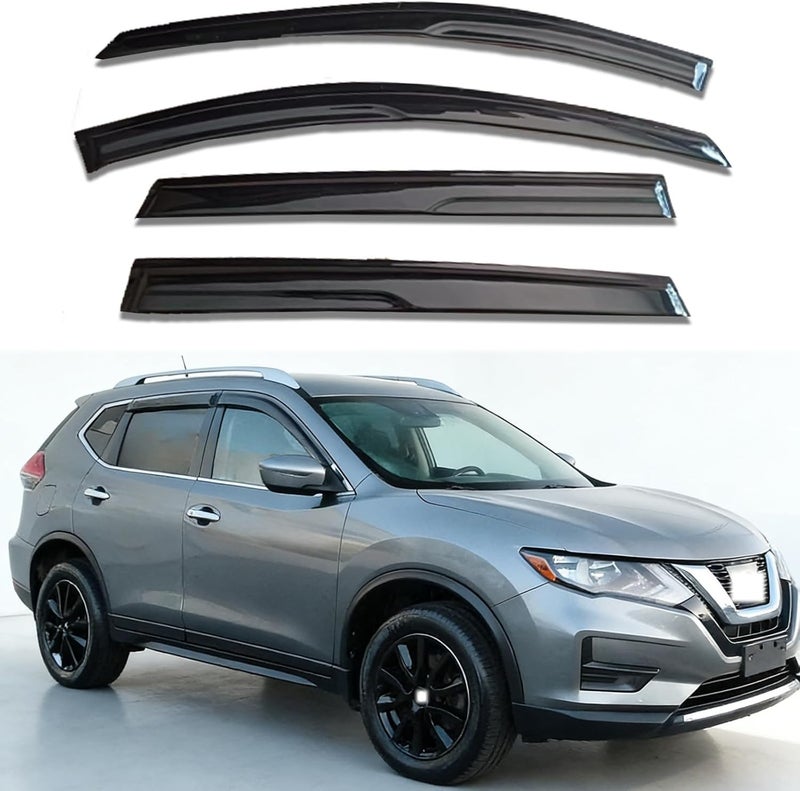 TONOYTIM Wind Deflectors for Nissan Rogue 2014 2015 2016 2017 2018 2019 2020,Front & Rear Window Visors Rain Guards - 4 Piece Set, Dark Smoke Tint,Tape-On Installation, No Drilling Required - Image 1